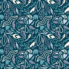 Modern and original seamless pattern with abstract shapes on dark blue background - tropical leaves, hearts, lines. Perfect for wrapping paper, wall art design.