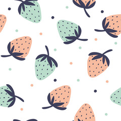Modern seamless pattern with original strawberries in trendy Scandinavian style. Vector illustration. Perfect for summer invitation, birthday card, baby and nursery poster, fabric print.