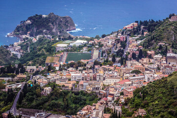 Aerial view of Taormina city, view from Castelmola town on Sicily Island, Italy