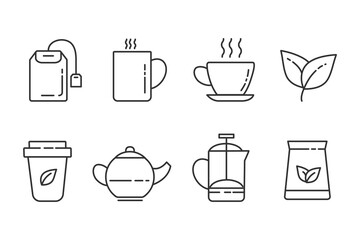 Tea icon. Hot drink simple symbols set. Leaves and cups. Vector illustration isolated on white background.