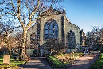 Fototapeta na wymiar Greyfriars Church and cemetery in Edinburgh city, Scotland