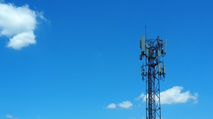 Steel pole install the transmitter. Mobile Communications and Telecommunication tower against blue...