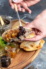 Delicious toasted bread with liver pate crostini with red onion jam, Assorted Italian appetizer...