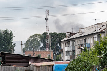 NOVOSIBIRSK, RUSSIA-17 July 2021:Fire at a household waste dump. Environmental pollution. Poisonous substances of dioxins enter the air when they enter the body and lead to gene mutations and tumors