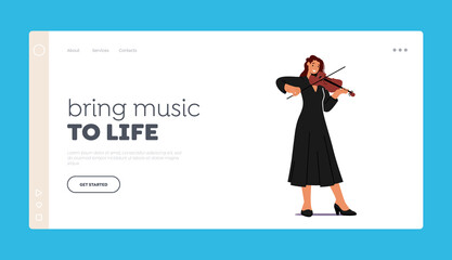 Instrumental Live Entertainment Landing Page Template. Musician Character Playing Violin on Scene with Music Concert
