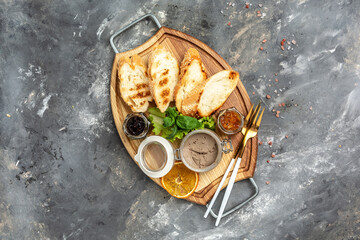 Delicious toasted bread with liver pate crostini with red onion jam, Assorted Italian appetizer bruschetta. banner, menu, recipe place for text, top view