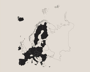 Black map of European Union, separates states, design blackboard blank