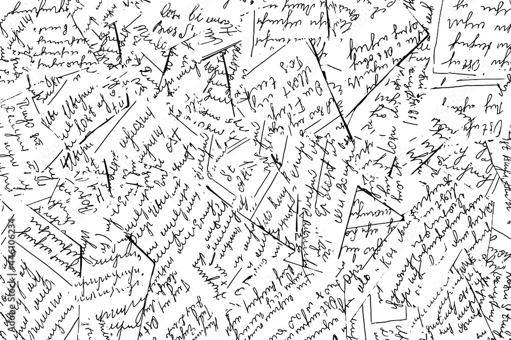 Aufkleber grunge texture of handwritten text in ink in illegible handwriting. scraps of a sheet covered with u