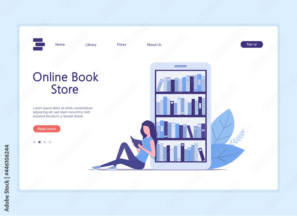 Wall mural online book store landing page. colored flat vector illustration. isolated on white background.