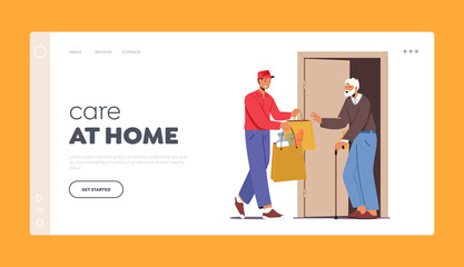 Care at Home Landing Page Template. Courier Caregiving of Elderly People Bring Grocery or Medicine during Lockdown