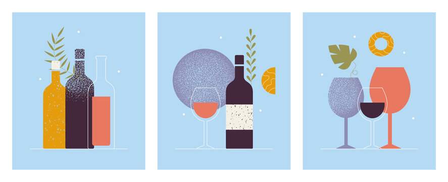 Collection of abstract modern posters of wine bottles, glasses. Cocktail, alcohol beverage. Wine tasting concept. Invitation for an event, festival. Restaurant menu. Isolated vector illustrations set