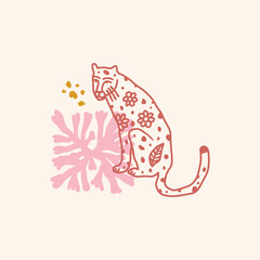 Doodle pink wild cat with flower spots, funny cute art print, boho hippie style.