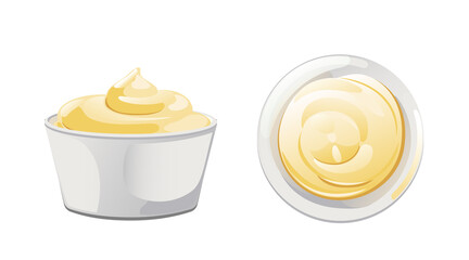 Mayonnaise sauce in bowl in cartoon style. White swirl condiment mousse in porcelain cup. Vector illustration.