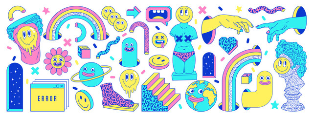 Sticker pack of funny cartoon characters, greek ancient statues, emoji and surreal elements in psychedelic weird style.