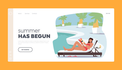 Summer Time Landing Page Template. Woman in Bikini Sitting on Deck Chair at Poolside Read Book. Exotic Resort Sparetime