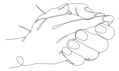 Silhouettes of human hands folded into a castle, in a modern one line style. Continuous line drawing, aesthetic outline for home decor, posters, wall art, stickers, logo. Vector illustration.