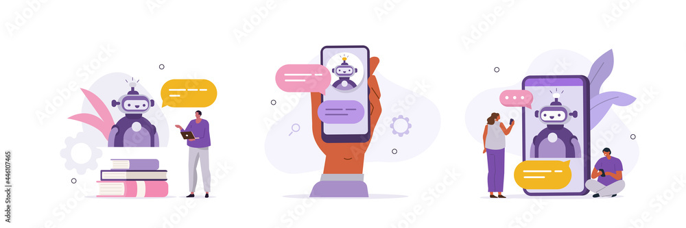 Poster customers having dialog with chatbot on smartphones. characters chatting with robot, asking question