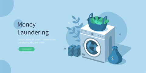 Wash machine with criminal cash money  and clotheslines with drying banknotes. Financial crime prevention and money laundering concept. Flat isometric vector illustration.