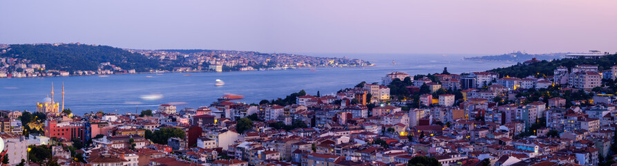 Obraz premium Istanbul. Night, panoramic view of the city, the Bosphorus, Ortakoy Mosque, the Asian side and the Maiden Tower