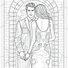 A woman in a dress and a man in a suit.Lovers couple.Coloring book antistress for children and adults. Illustration isolated on white background.Zen-tangle style.