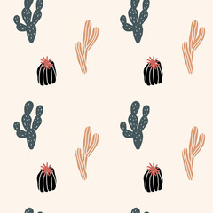 Pastel simple doodle cacti seamless pattern, cactus minimalist art print wallpaper background.