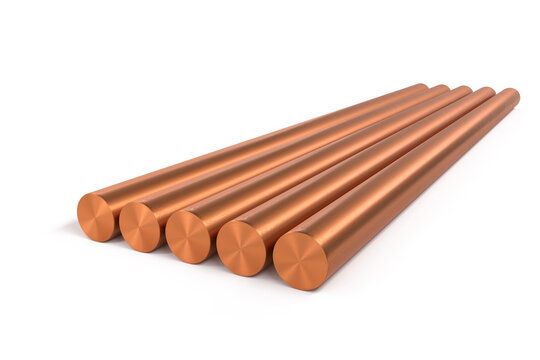 Set of 5 copper round bars isolated on white background - 3d render