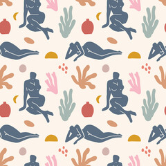 Obraz premium Abstract figures seamless pattern, tropical summer abstract shapes, people and plants.