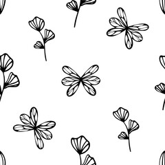 Seamless pattern in doodle style. Drawn abstract butterflies and flowers. Vector illustration, black and white isolated. For printing on fabric and paper, wallpaper.