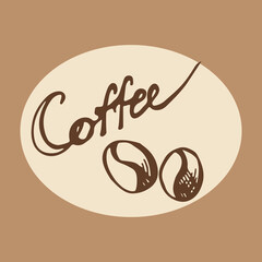 Kraft Coffee Icon Colorful style hand drawn. Coffee logo with coffee beans and Typography text. Coffee break