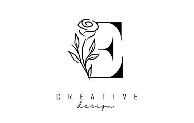 E letter logo design with black rose vector illustration.
