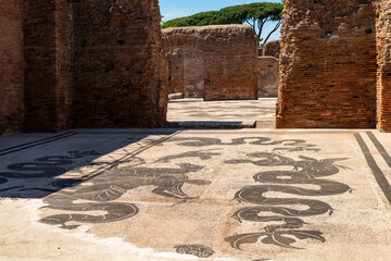 Ostia Antica Rome, panoramic view of the thermal baths of Neptune in the archaeological excavations...