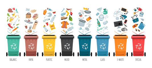 Garbage segregation. Waste separate, classification and recycling concept. Colored dustbin or trash cans for each type - organic, metal, paper, plastic, glass, e-waste and other.