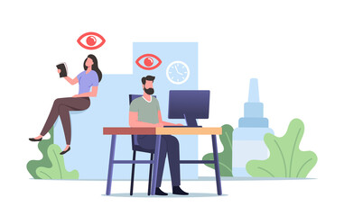 Vision Problems Medical Concept. Office Worker Characters Suffering of DES, Dry Eyes Syndrome and Conjuctivitis Disease