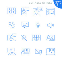 Video conference related icons. Editable stroke. Thin vector icon set