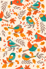 Seamless pattern with autumn birds. Vector graphics.