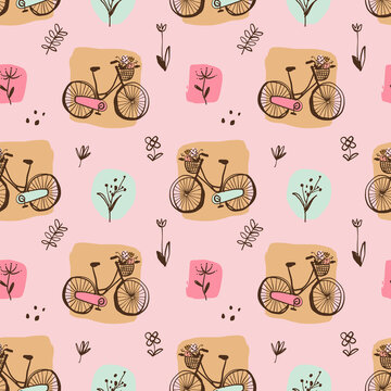 Doodle bicycle colorful seamless pattern, art print.