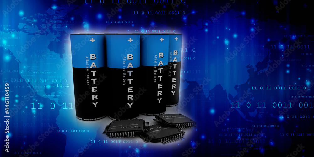 Poster 3d rendering electrical energy and power supply source concept, accumulator battery with computer ch