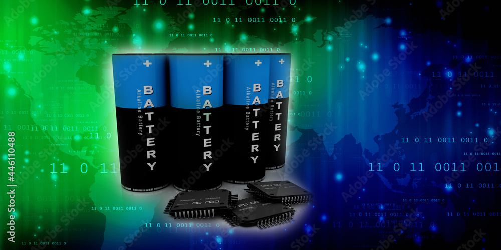 Poster 3d rendering electrical energy and power supply source concept, accumulator battery with computer ch