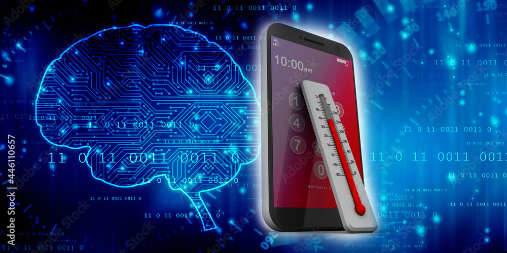 Poster 3d rendering fever checking thermometer with mobile