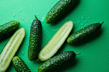 Set of fresh whole and sliced cucumbers on a green background with water drops. Garden cucumber wallpaper backdrop design