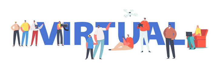 People Use Virtual Reality Technology Concept. Characters Wearing Vr Goggles Playing Augmented Reality Games, Work