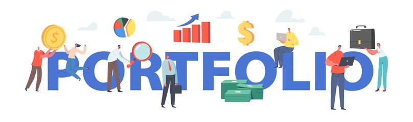 Investor Portfolio Financial Concept. Business Characters with Briefcase, Magnifier, Money, Pie Chart and Grow Chart
