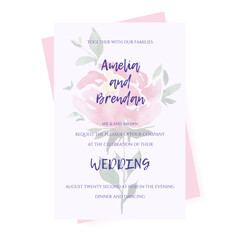 Vector illustration of wedding invitation template with pink rose. Postcard in pastel colors for printing on a wedding, poster.
