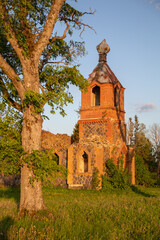 Fototapeta na wymiar the old red brick ruins of the orthodox church 