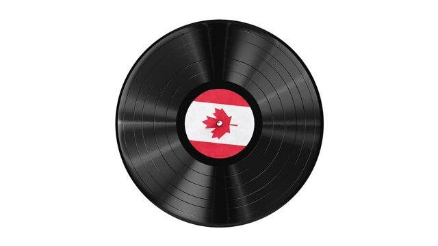 Realistic seamless looping 3D animation of the national flag of Canada label vinyl record isolated on white rendered in UHD with alpha matte