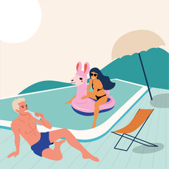 A date near the pool of a girl and a man against the backdrop of mountains and the sun. Vector illustration