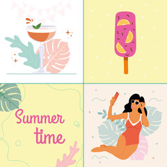 Vector summer collage for vacation and travel on which there is ice cream, brandy, a girl takes a selfie, the inscription is summer.