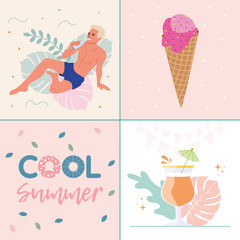 Vector collage for summer vacation on the beach. A man on vacation with ice cream and a cocktail.