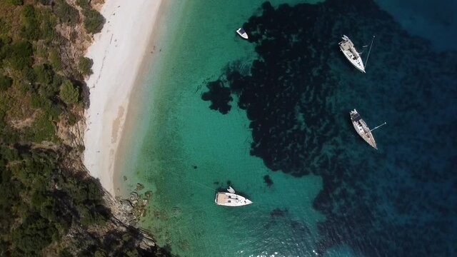 Aerial shoot paradise island and yacht in pera pigadhi Ithaki, Lefkada, Greece