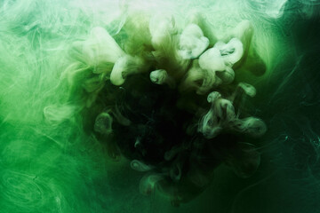 Abstract green color background. Swirling vibrant hookah smoke, underwater emerald ocean, dynamic paint in water